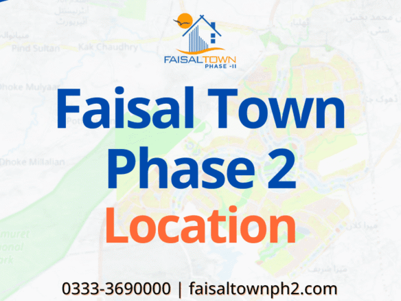 Faisal Town Phase 2 location map showing proximity to M-2 Motorway Interchange and Islamabad International Airport.