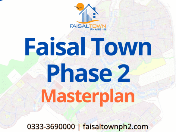 Official Master Plan map of Faisal Town Phase 2 showing residential blocks, Overseas Enclave, and parks.