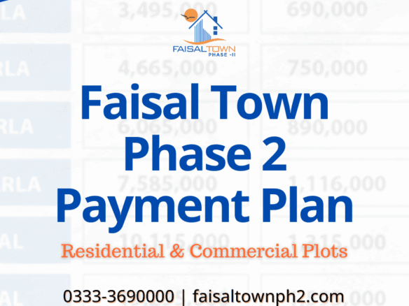 Faisal Town Phase 2 payment plan 2026 for residential and commercial plots on installments.