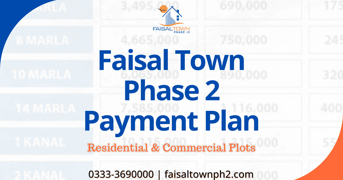 Faisal Town Phase 2 payment plan 2026 for residential and commercial plots on installments.